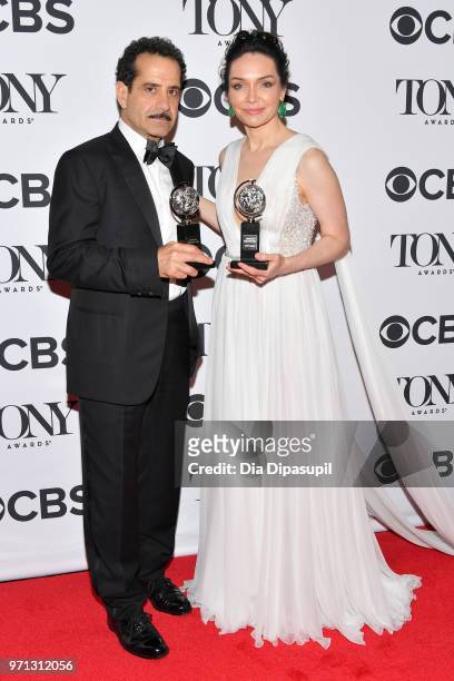 Tony Shaloub and Katrina Lenk pose backstage during the 72nd Annual Tony Awards at Radio City Music Hall on June 10, 2018 in New York City.