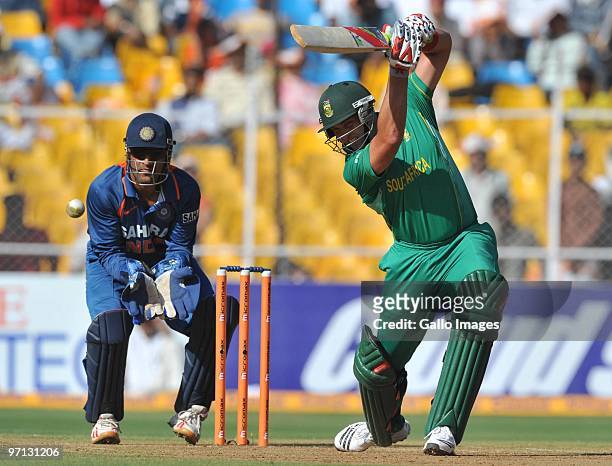 Jacques Kallis of South Africa drives through the covers during the 3rd ODI between India and South Africa from Sardar Patel Stadium on February 27,...