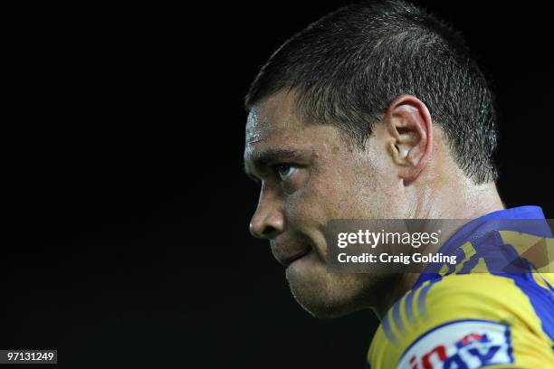 Timana Tahu of the Eels looks on during the NRL trial match between the Sydney Roosters and the Parramatta Eels at Bluetongue Stadium on February 27,...