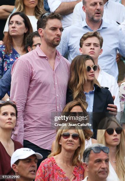 Pau Gasol and girlfriend Catherine McDonnell during the men's final on Day 15 of the 2018 French Open at Roland Garros stadium on June 10, 2018 in...