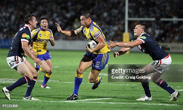 Timana Tahu of the Eels makes a break during the NRL trial match between the Sydney Roosters and the Parramatta Eels at Bluetongue Stadium on...