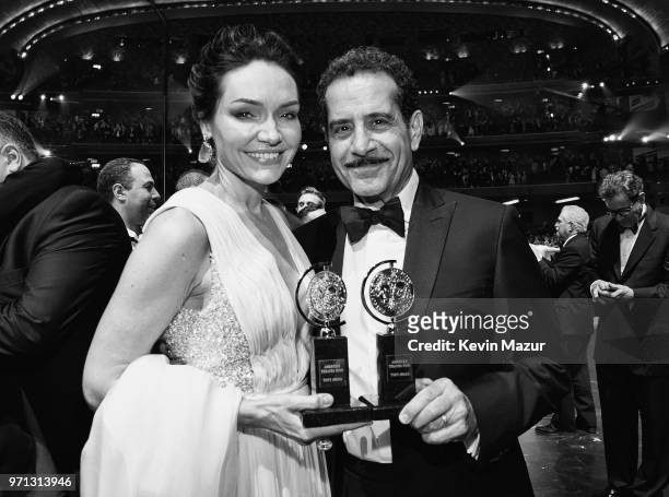 Katrina Lenk and Tony Shalhoub backstage during the 72nd Annual Tony Awards at Radio City Music Hall on June 10, 2018 in New York City.