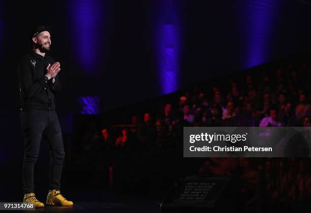 Joshua Boyle, Cummunity Manger for 'Quake Champions', speaks during the Bethesda E3 conference at the Event Deck at LA Live on June 10, 2018 in Los...