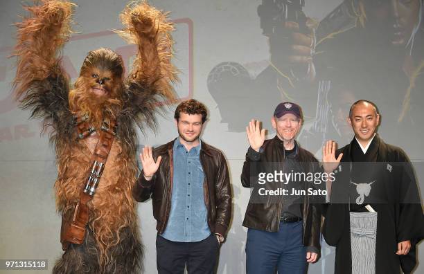 Alden Ehrenreich, Ron Howard and Ebizo Ichikawa attend the Solo: A Star Wars Story Press Conference at Midtown Hall on June 11, 2018 in Tokyo, Japan.