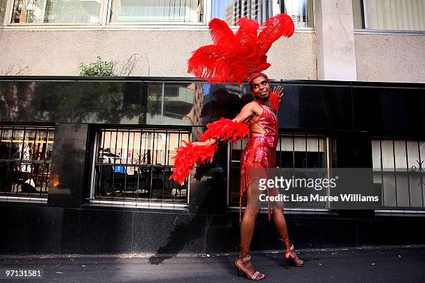 An indigenous drag queen poses prior to the start of the annual Sydney Gay and Lesbian Mardi Gras Parade on Oxford Street on February 27, 2010 in...