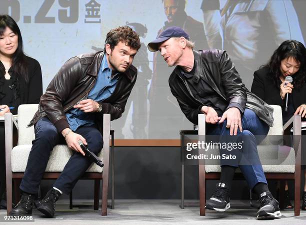 Alden Ehrenreich and Ron Howard attend the Solo: A Star Wars Story Press Conference at Midtown Hall on June 11, 2018 in Tokyo, Japan.