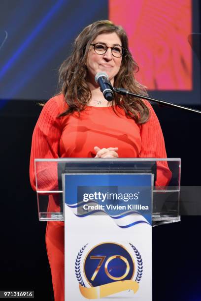 Mayim Bialik speaks onstage during the 70th Anniversary of Israel celebration in Los Angeles on Sunday, June 10, 2018.