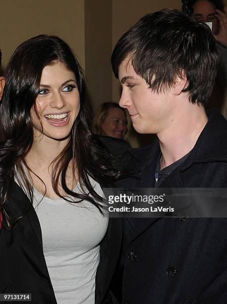 Actress Alexandra Daddario and actor Logan Lerman attend the "Percy Jackson & The Olympians: The Lightning Thief!" cast appearance at Hot Topic on...