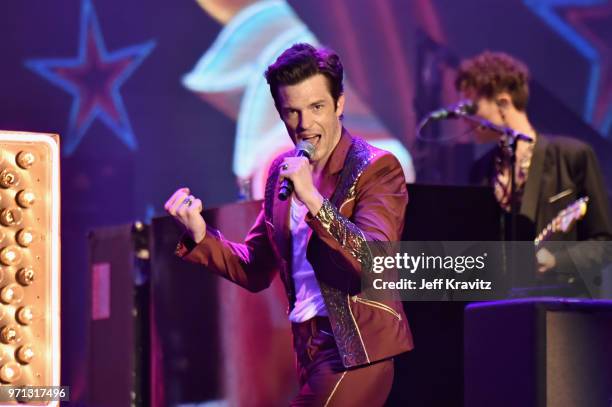 Brandon Flowers of The Killers performs on What Stage during day 4 of the 2018 Bonnaroo Arts And Music Festival on June 10, 2018 in Manchester,...