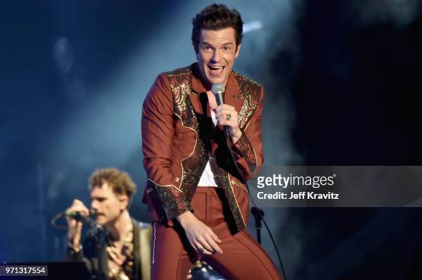 Brandon Flowers of The Killers performs on What Stage during day 4 of the 2018 Bonnaroo Arts And Music Festival on June 10, 2018 in Manchester,...