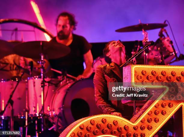 Ronnie Vannucci Jr. And Brandon Flowers of The Killers perform on What Stage during day 4 of the 2018 Bonnaroo Arts And Music Festival on June 10,...