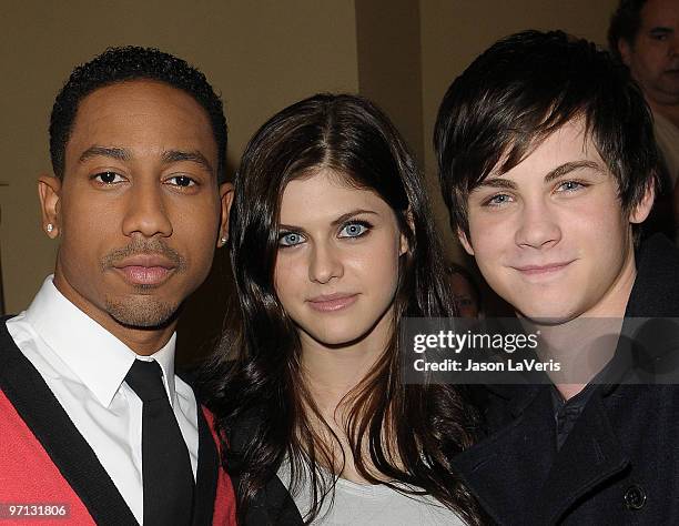 Actors Brandon T. Jackson, Alexandra Daddario and Logan Lerman attend the "Percy Jackson & The Olympians: The Lightning Thief!" cast appearance at...