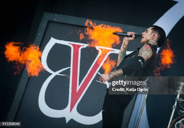 Andy Biersack of Black Veil Brides performs at Download Festival at Donington Park on June 10, 2018 in Castle Donington, England.