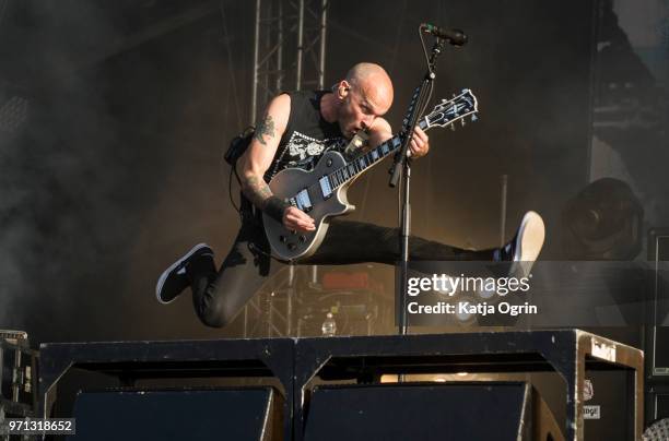 Zach Blair of Rise Against performs at Download Festival at Donington Park on June 10, 2018 in Castle Donington, England.
