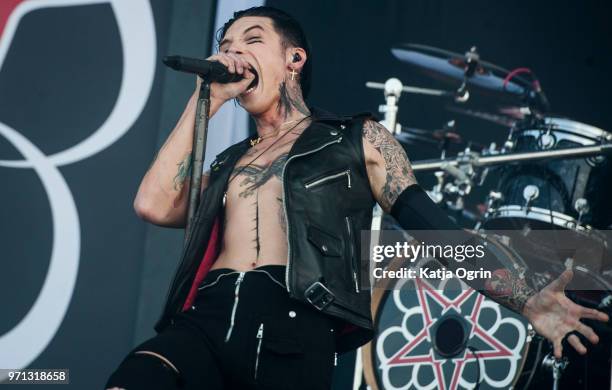 Andy Biersack of Black Veil Brides performs at Download Festival at Donington Park on June 10, 2018 in Castle Donington, England.