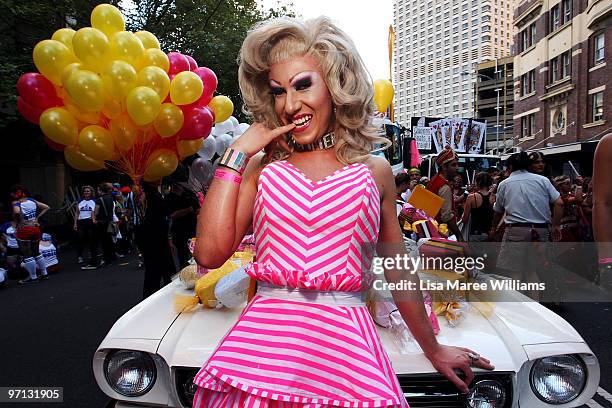 Drag Queen Ms Summer Salt poses prior to the start of the annual Sydney Gay and Lesbian Mardi Gras Parade on Oxford Street on February 27, 2010 in...