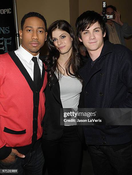 Actors Brandon T. Jackson, Alexandra Daddario and Logan Lerman attend the "Percy Jackson & The Olympians: The Lightning Thief!" cast appearance at...