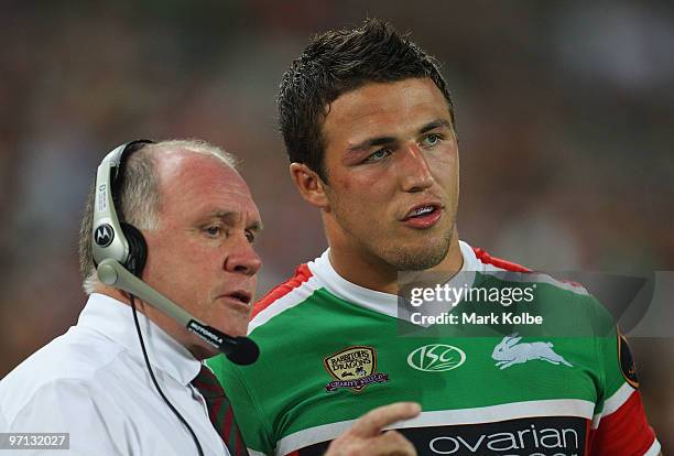 Rabbitohs coach John Lang gives instructions to Sam Burgess of the Rabbitohs during the NRL Charity Shield match between the South Sydney Rabbitohs...