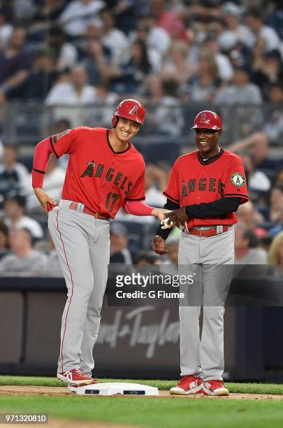 Shohei Ohtani of the Los Angeles Angels stands on first base during the game against the New York Yankees at Yankee Stadium on May 26, 2018 in New...