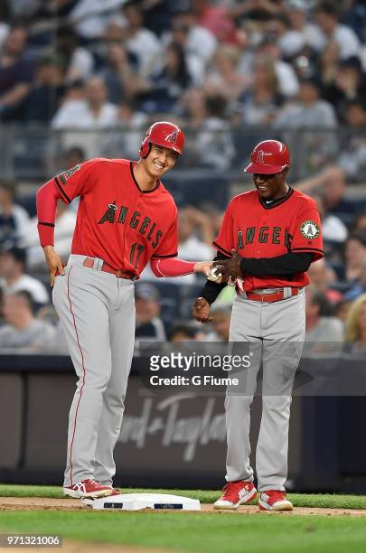 Shohei Ohtani of the Los Angeles Angels stands on first base during the game against the New York Yankees at Yankee Stadium on May 26, 2018 in New...