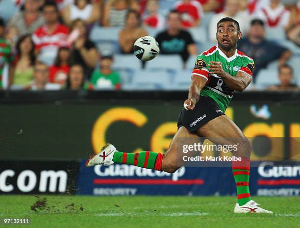 Nathan Merritt of the Rabbitohs gets a pass away during the NRL Charity Shield match between the South Sydney Rabbitohs and the St George Illawarra...