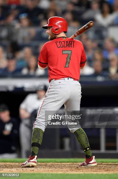 Zack Cozart of the Los Angeles Angels bats against the New York Yankees at Yankee Stadium on May 26, 2018 in New York City.