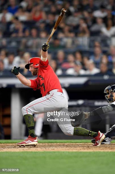 Zack Cozart of the Los Angeles Angels bats against the New York Yankees at Yankee Stadium on May 26, 2018 in New York City.