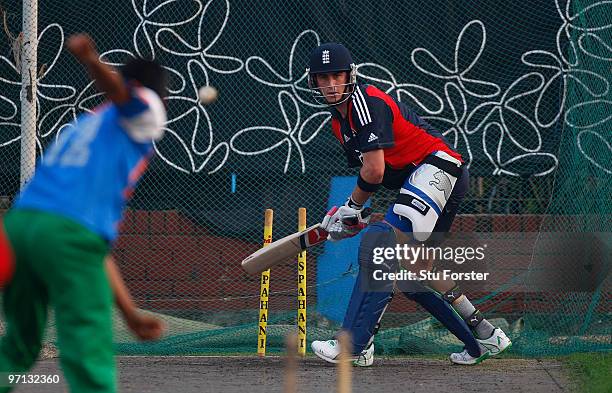 England player Craig Kieswetter faces a local net bowler during England nets practice at Sher-e Bangla cricket stadium on February 27, 2010 in Dhaka,...