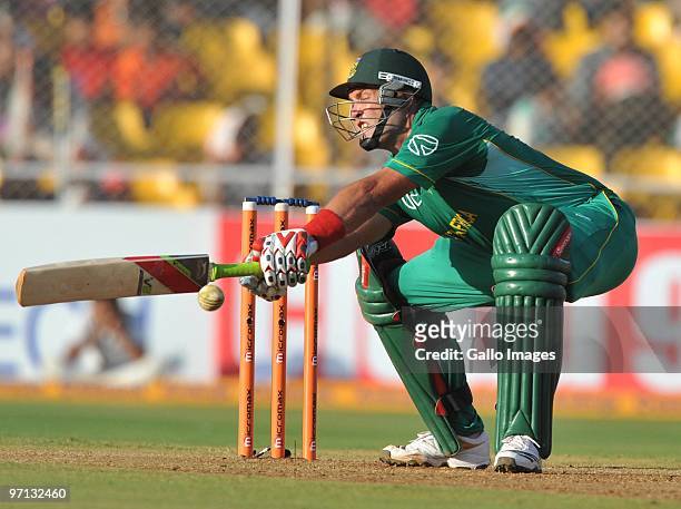 Jacques Kallis of South Africa with an akward shot during the 3rd ODI between India and South Africa from Sardar Patel Stadium on February 27, 2010...