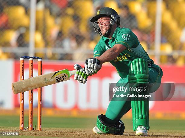 De Villiers of South Africa with a square cut during the 3rd ODI between India and South Africa from Sardar Patel Stadium on February 27, 2010 in...