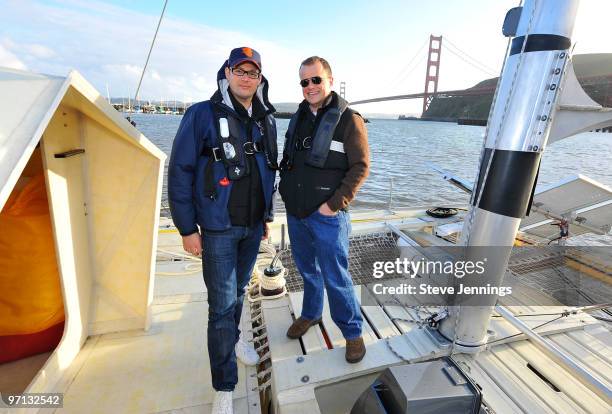 Frederick Martel and Benoit de Clerck of IWC on board the Plastiki on February 26, 2010 in Sausalito, California. De Rothschild, a British explorer...