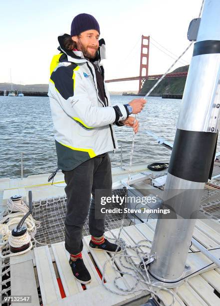 David de Rothschild on board the Plastiki at the unveiling on February 26, 2010 in Sausalito, California. De Rothschild, a British explorer plans to...