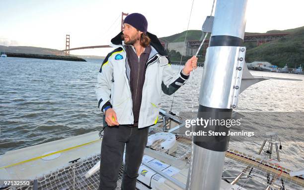 David de Rothschild on board the Plastiki at the unveiling on February 26, 2010 in Sausalito, California. De Rothschild, a British explorer plans to...