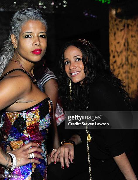 Singer Kelis poses with actress Dania Ramirez after her performance of her new single "Acapella" at Eve Nightclub on February 26, 2010 in Las Vegas,...