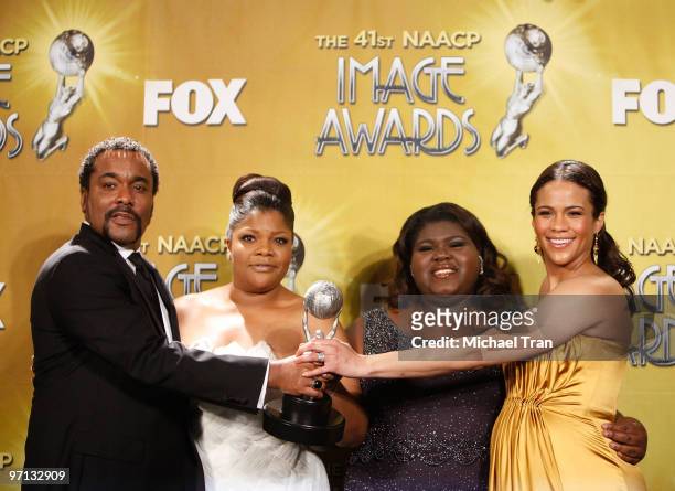 Lee Daniels, Mo'Nique, Gabourey Sidibe and Paula Patton attend the 41st NAACP Image Awards - Press Room held at The Shrine Auditorium on February 26,...