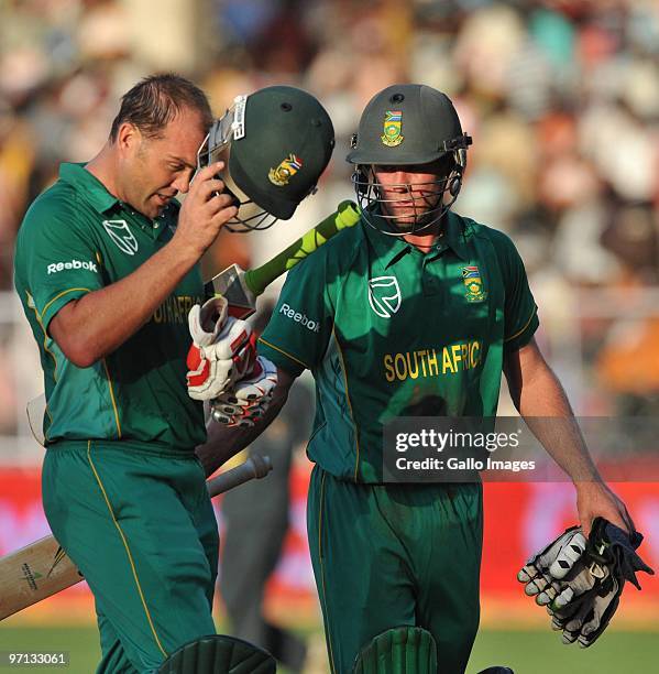 Centurions Jacques Kallis and AB de Villiers of South Africa during the 3rd ODI between India and South Africa from Sardar Patel Stadium on February...