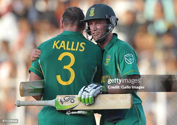 Centurions Jacques Kallis and AB de Villiers of South Africa during the 3rd ODI between India and South Africa from Sardar Patel Stadium on February...