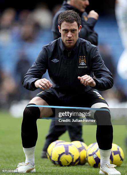 Wayne Bridge of Manchester City warms up prior to the Barclays Premier League match between Chelsea and Manchester City at Stamford Bridge on...