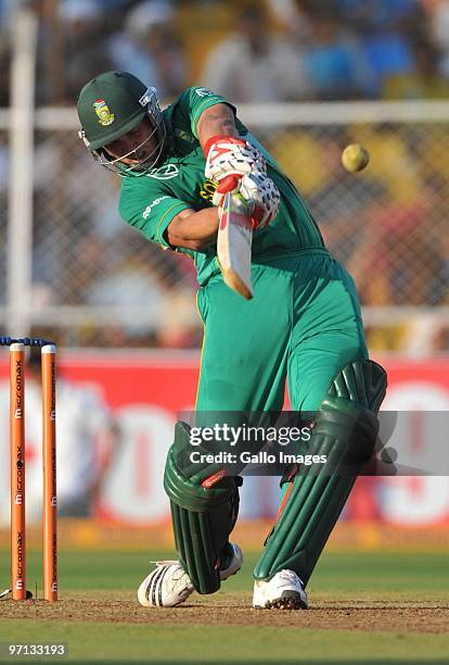 Jacques Kallis of South Africa hits a six during the 3rd ODI between India and South Africa from Sardar Patel Stadium on February 27, 2010 in...