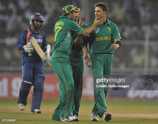 Dale Steyn of South Africa celebrates the wicket of Dinesh Karthik of India for 11 runs during the 3rd ODI between India and South Africa from Sardar...