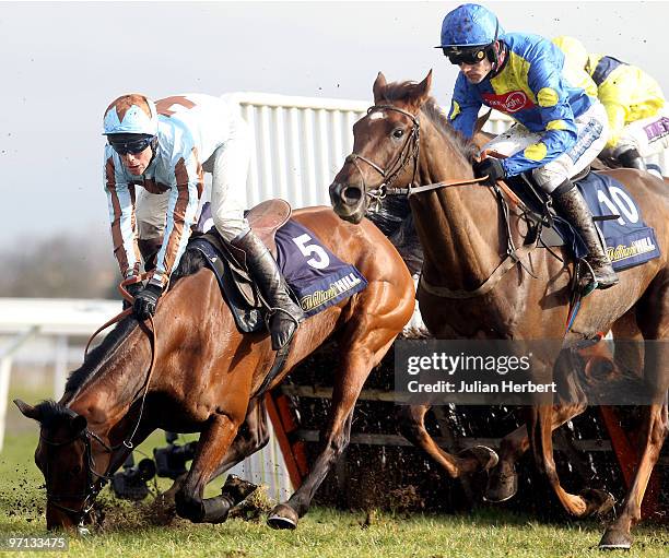 Ruby Walsh and Escort' men pass pass Phillip Hide as he parts company with Vino Griego to win The williamhill.com Dovecorte Novices' Hurdle Race run...