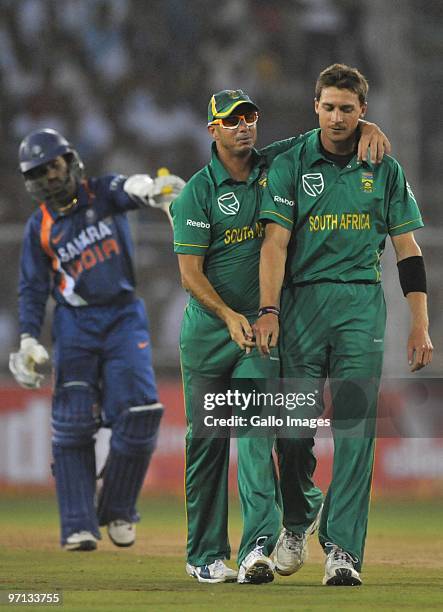 Dale Steyn of South Africa celebrates the wicket of Dinesh Karthik of India for 11 runs duringg the 3rd ODI between India and South Africa from...