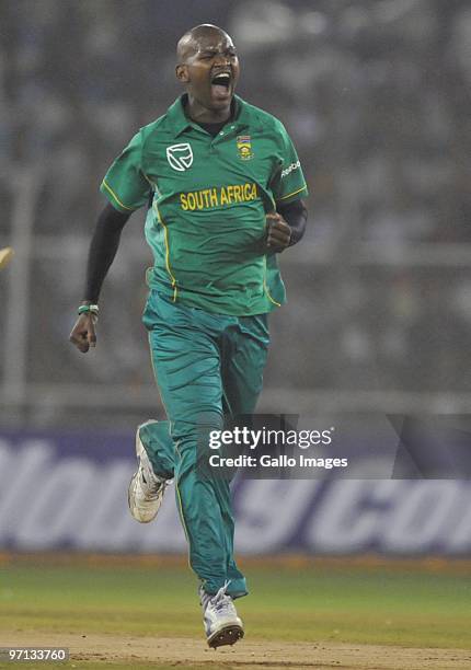 Lonwabo Tsotsobe of South Africa celebrates the wicket of Murali Vijay of India for 25 runs during the 3rd ODI between India and South Africa from...