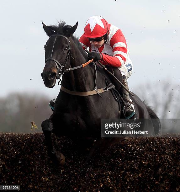 Ruby Walsh and The Nightingale clear the last fencet before going on to land The Racing Post Weekender Pendil Novices' Steeple Chase Race run at...
