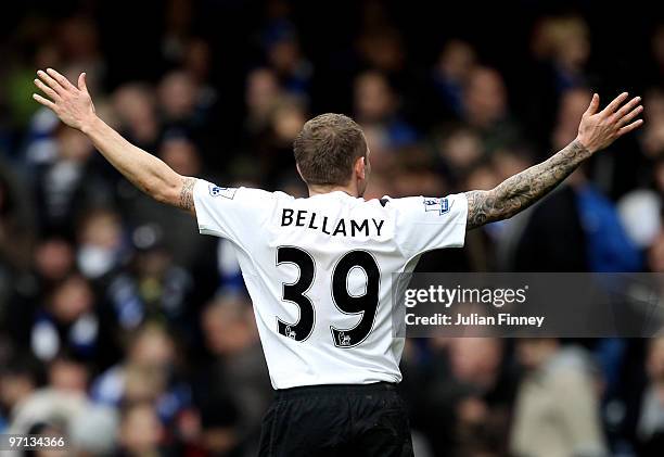 Craig Bellamy of Manchester City celebrates scoring his teams fourth goal of the game during the Barclays Premier League match between Chelsea and...