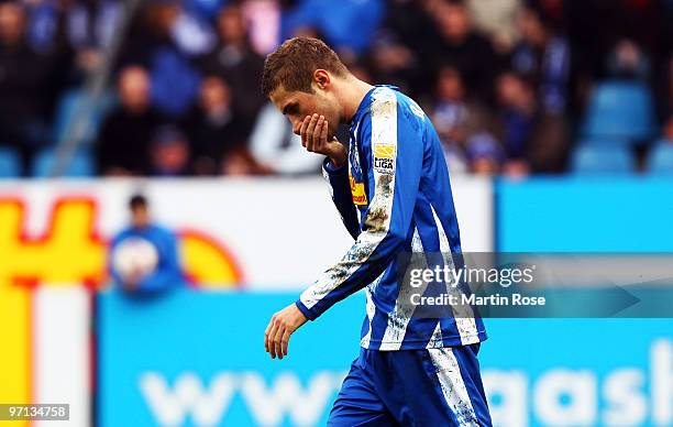 Stanislav Sestak of Bochum reacts after he fails to score during the Bundesliga match between VFL Bochum and 1. FC Nuernberg at the Rewirpower...