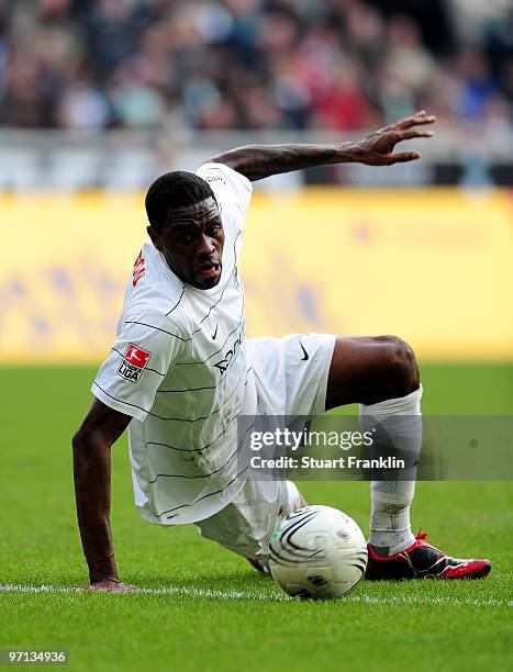 Mohamadou Idrissou of Freiburg in action during the Bundesliga match between Borussia Moenchengladbach and SC Freiburg at Borussia Park Stadium on...