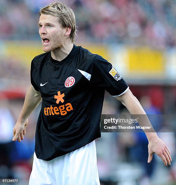 Eugen Polanski gestures during the Bundesliga match between FSV Mainz 05 and SV Werder Bremen at Bruchweg Stadium on February 27, 2010 in Mainz,...