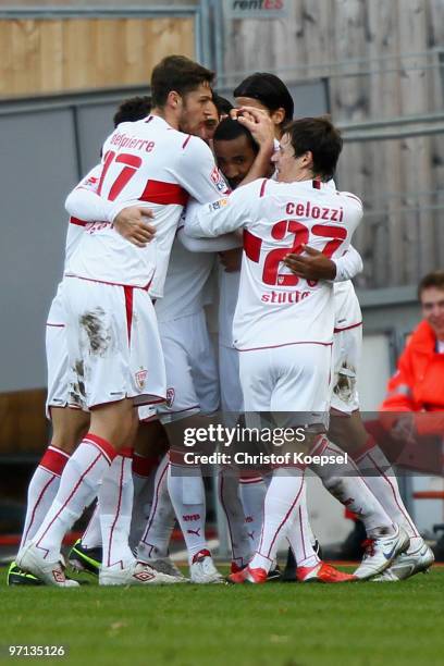 Cacau of Stuttgart celebrates the second goal with his team during the Bundesliga match between VfB Stuttgart and Eintracht Frankfurt at the...