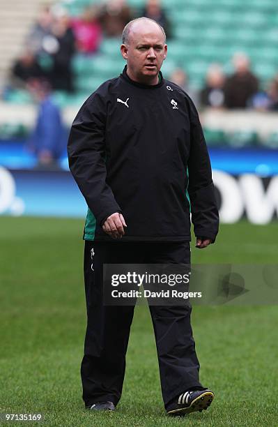 Declan Kidney coach of Ireland looks on prior to the RBS Six Nations match between England and Ireland at Twickenham Stadium on February 27, 2010 in...